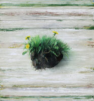 Michael Lauterjung, Landschaftsstück mit Löwenzahn, Mischtechnik auf Holz, 92 x 86 cm